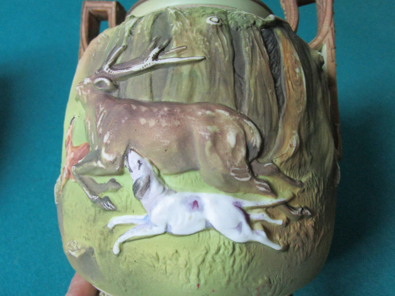 NIPPON JAPAN BLOW OUT DESIGN DEER HUNTING VASE JARDINIERE BOWL 2 HANDLES [aP-P]