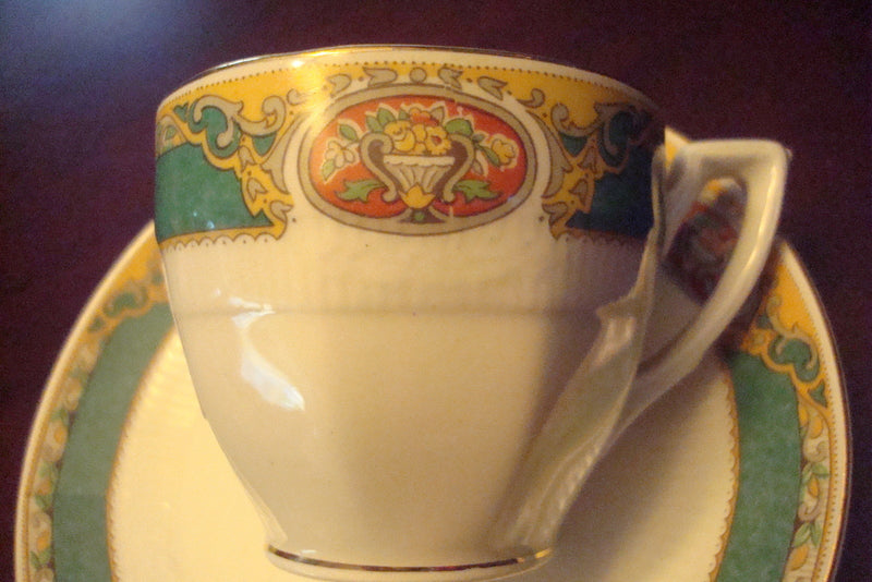 Grindley England Georgian Pattern Coffee Cup  Saucer, Green/Gold & Flowers[170B]