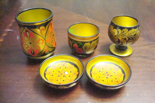 Russian Khokhloma Wooden Hand Painted Cups And Bowls, Lacquer 5 Pcs ^^^^^