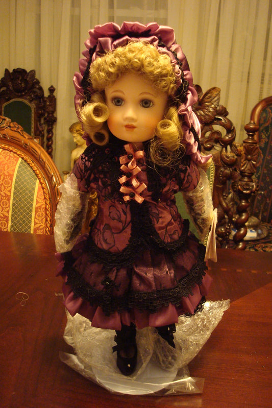 1970S Bebe Bru by Maryse Nicole, Franklin Heirloom dolls, NIB, 16" PURPLE DRESS