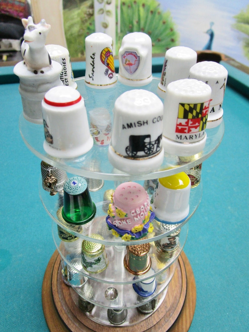 Thimbles Collection under glass dome, 43 assorted thimbles, dome is 11" tall[B]
