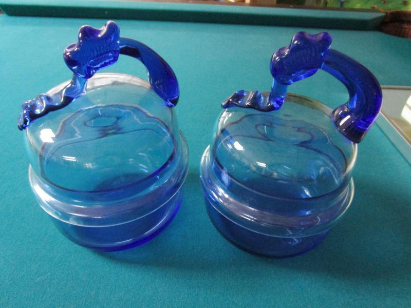 Pair Blue Glass Covered Container/Candy Dish Cookie Jar With Handle 7 1/2 X 6"