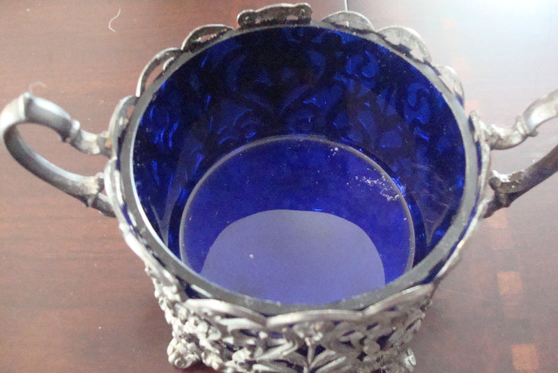 Antique Victorian E.G. Webster SUGAR BOWL silverplate & BLUE COBALT INSERT