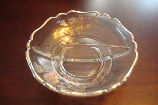 Vintage  Glass Crystal 2 division Fluted Bowl Sterling Overlay