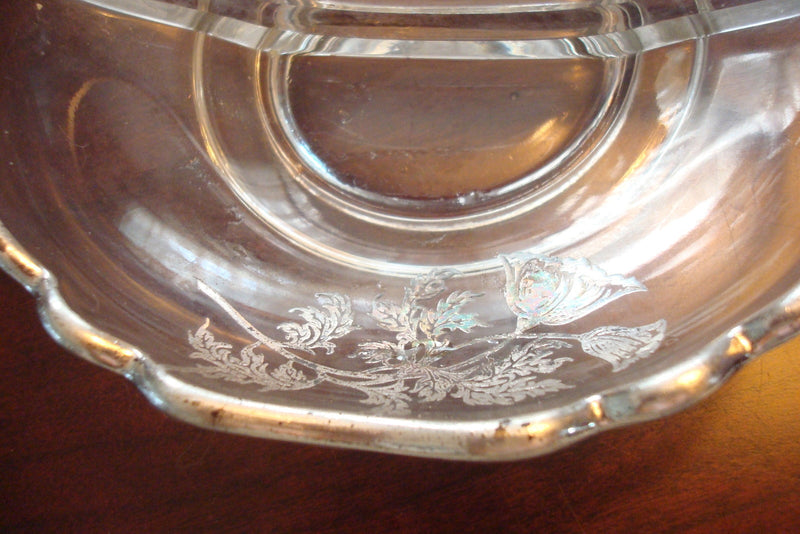 Vintage  Glass Crystal 2 division Fluted Bowl Sterling Overlay