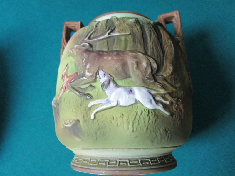 NIPPON JAPAN BLOW OUT DESIGN DEER HUNTING VASE JARDINIERE BOWL 2 HANDLES [aP-P]