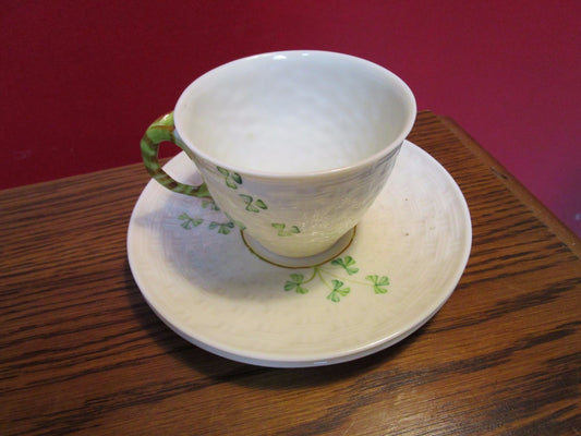 Belleek Shamrock Cup and 2 Saucers, green stamp