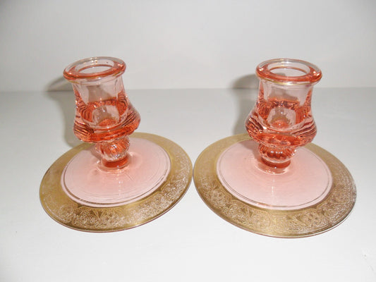 Helsey Elegant Glass Pair Of Candle Hoolder Pink And Gold Fine Crystal