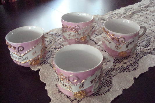 Mid Century GERMANY mustache COFFEE mugs, pink and gold with inscriptions [50C]