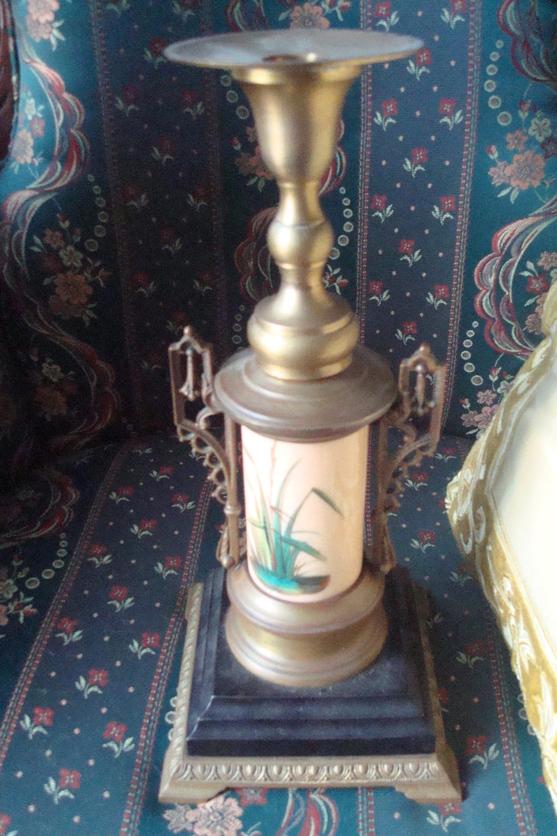 Mid Century candle holder brass and ceramic, handpainted birds original 13"