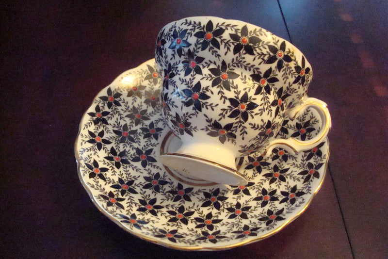 Rosina  Mid Century England  cup & saucer,black,flowers w/ touches of red [91]