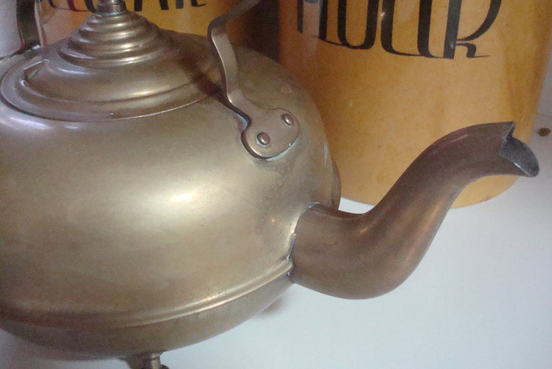 Brass footed mid century kettle wooden handle FOOTED ^^^