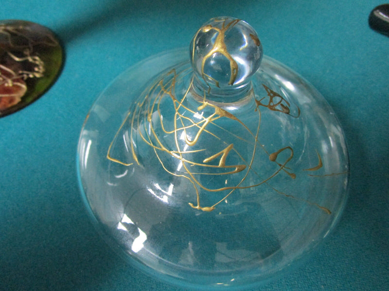 COVERED FOOTED  CRYSTAL CANDY DISH CARAMEL AND GOLD 12 X 5"  POLAND [GL8]