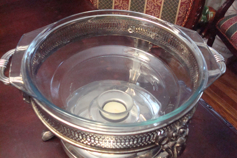 Elegant Server Glass Silverplate Casserole With Warmer, Made In Hong Kong[A4]