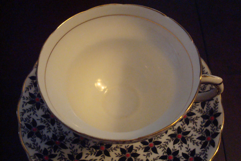 Rosina  Mid Century England  cup & saucer,black,flowers w/ touches of red [91]