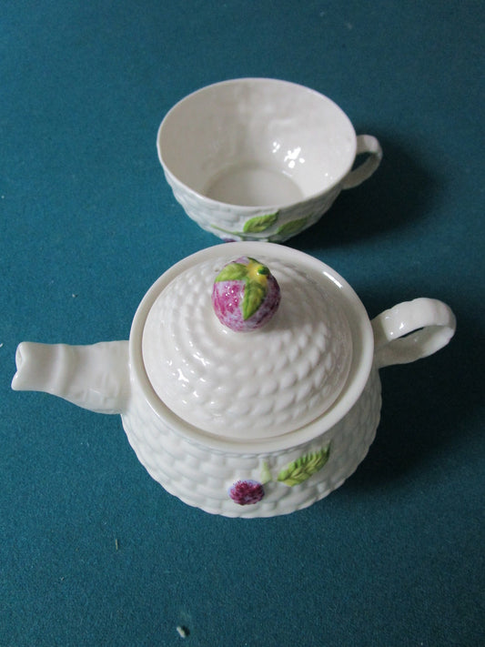 Belleek teapot for one and cup, strawberry design, 11th mark (green 2001/06)
