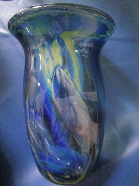 Michael Boylen (born 1935) art glass studio blue vase 6 x 4" signed  ^^^