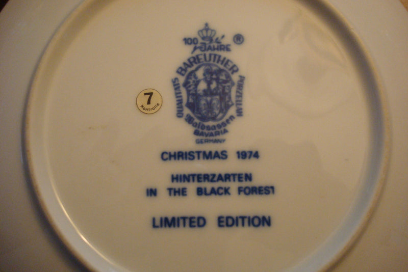 Bareuther Weihnachten 1974 Bavaria collector plate, 7 3/4" diameter