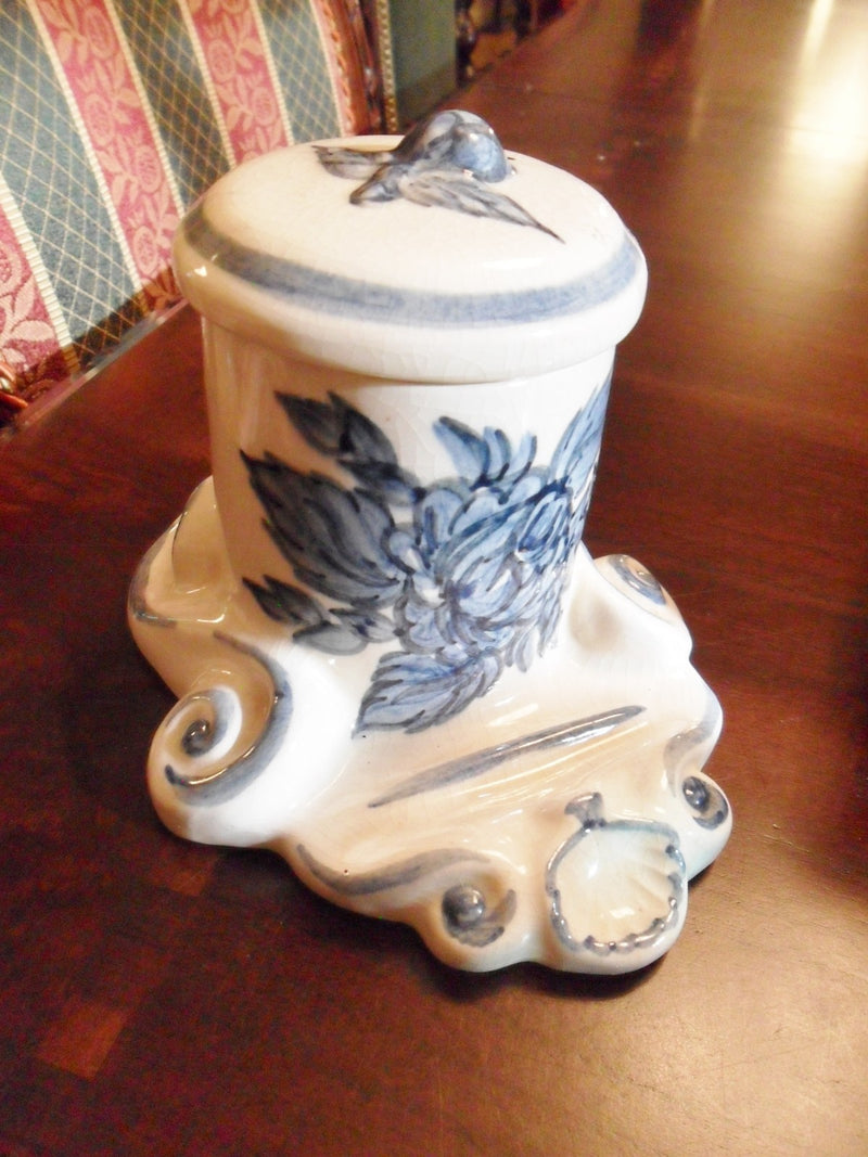 Majolica c1900s inkwell blue and white,4 1/2" tall ANTIQUE RARE