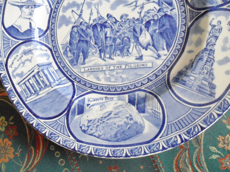 Old English Staffordshire blue ware souvenir plate, 10", Landing of Pilgrims[esq