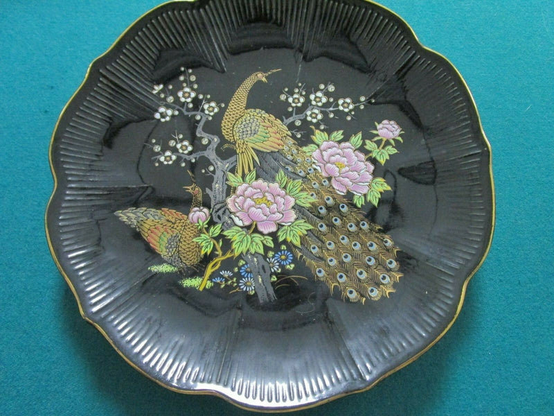 Japanese Peacocks black collector plate Hand Painted Gold ^^