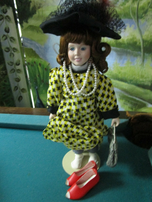 1980s Danbury Mint Dress up- Doll, 13 " with stand IN BOX RED SHOES BAG HAT