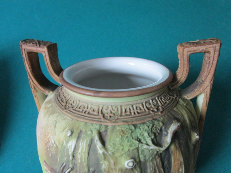 NIPPON JAPAN BLOW OUT DESIGN DEER HUNTING VASE JARDINIERE BOWL 2 HANDLES [aP-P]