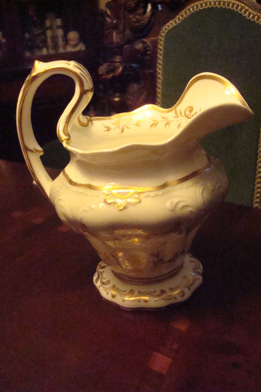 German Vintag Large Creamer, Grey & White, Molded, Decorated W/Flowers In Gold[4