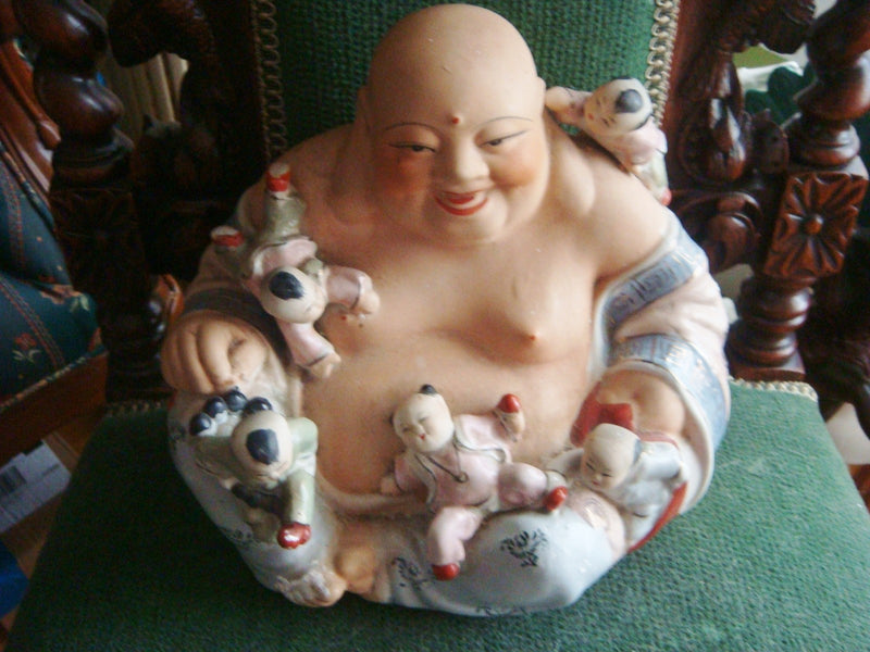 Chinese Famille Rose Porcelain Fertility Buddha Statue 11" tall  x 14"[2]