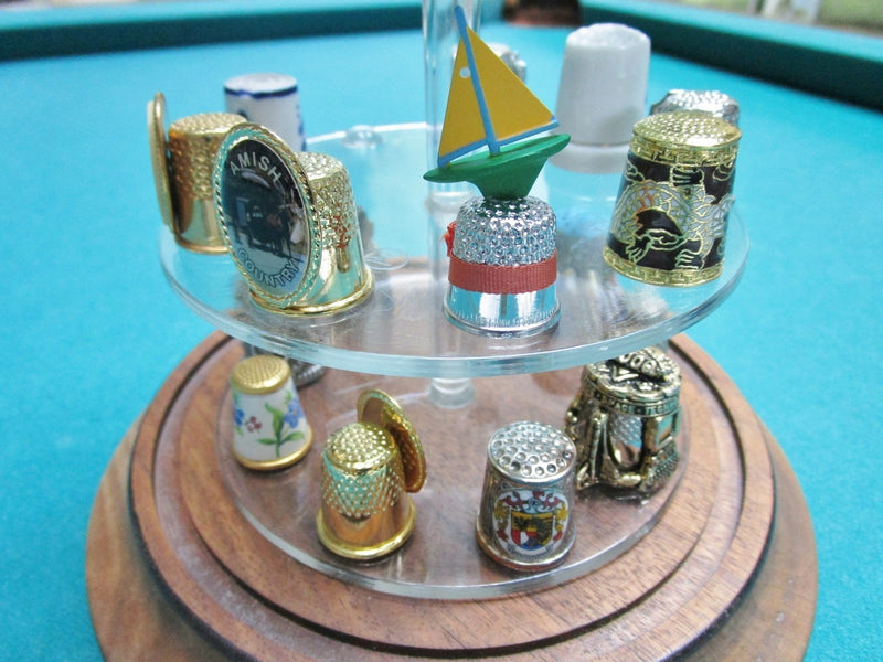 Thimbles Collection under glass dome, 43 assorted thimbles, dome is 11" tall[B]