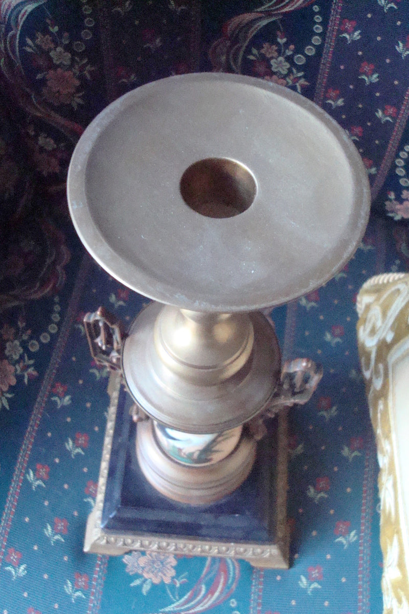 Mid Century candle holder brass and ceramic, handpainted birds original 13"