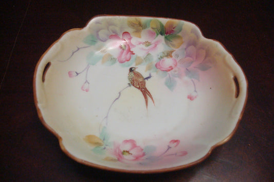 Nippon JAPAN jewelry dish decorated with a paradise bird, two handles [84B]