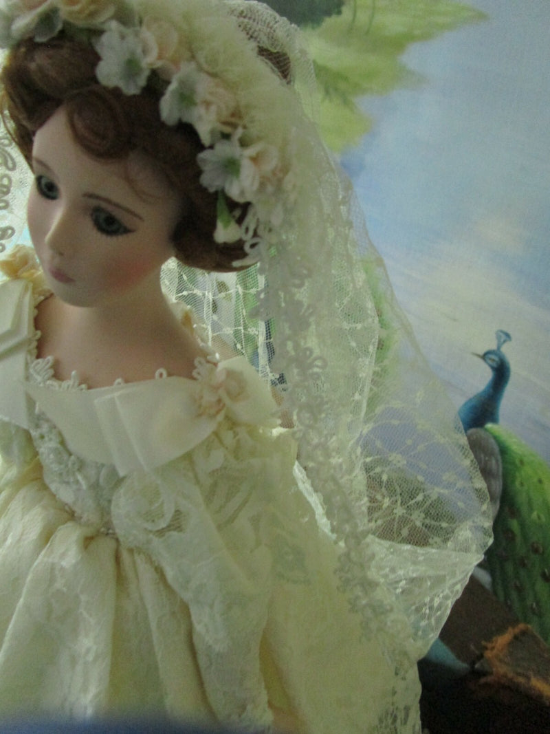 1990s Seymour Mann Connoiseur bride doll, 17" WHITE LACED RIBBONS LONG TRAIN