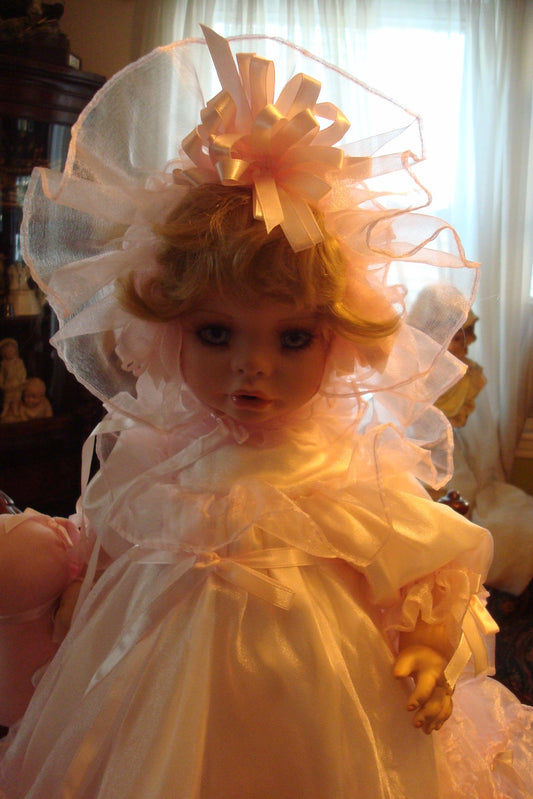 1990s RUSTIE ORIGINAL DOLL 24" GIRL WITH BUNNY in pink dress, lace, ribbons