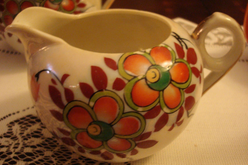 Made in Japan, covered sugar and creamer decorated with dark red flowers [80D]