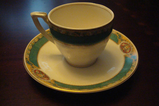 Grindley England Georgian Pattern Coffee Cup  Saucer, Green/Gold & Flowers[170B]