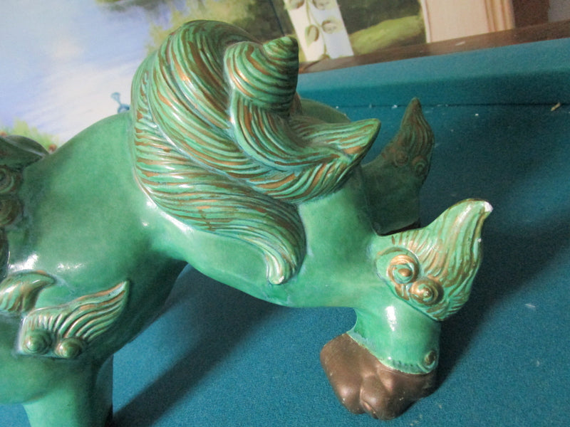 Foo dog by pottery studio signed Brian Lee, green, very detailed
