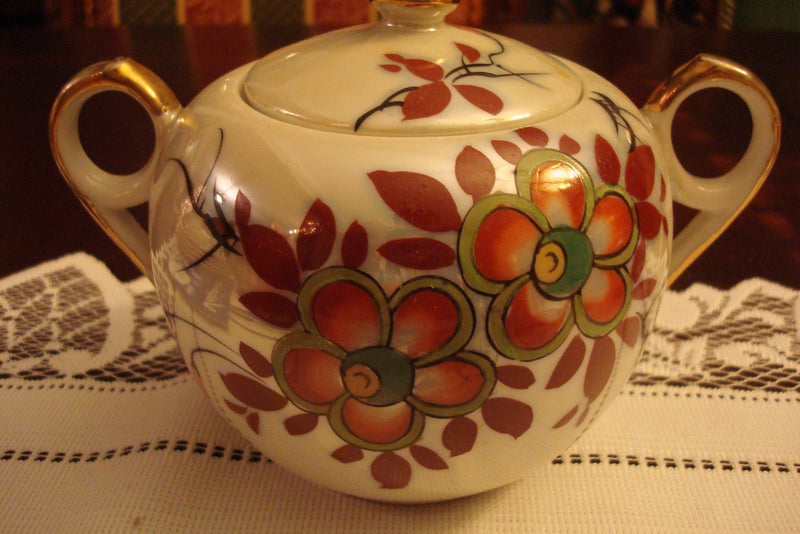 Made in Japan, covered sugar and creamer decorated with dark red flowers [80D]