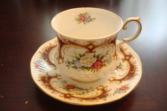 Queen's England Cup and Saucer Rosina, blue stamp, dark red, flowers & gold [83C