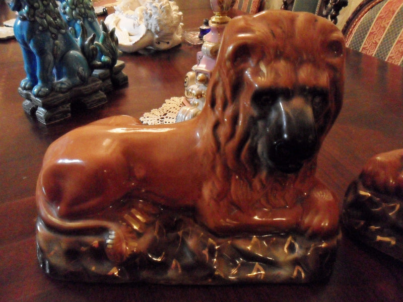 Bo'ness Pair Pottery Lions 19th Century Scotland C1890.Glass eyed, original.[1st