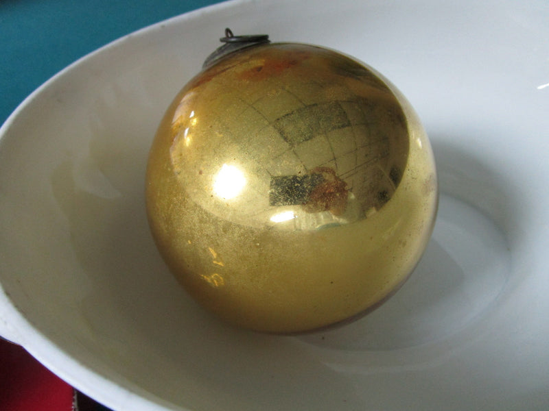 Kugel Germany Antique Genuine Christmas ornament hand blown glass yellow 4"^^