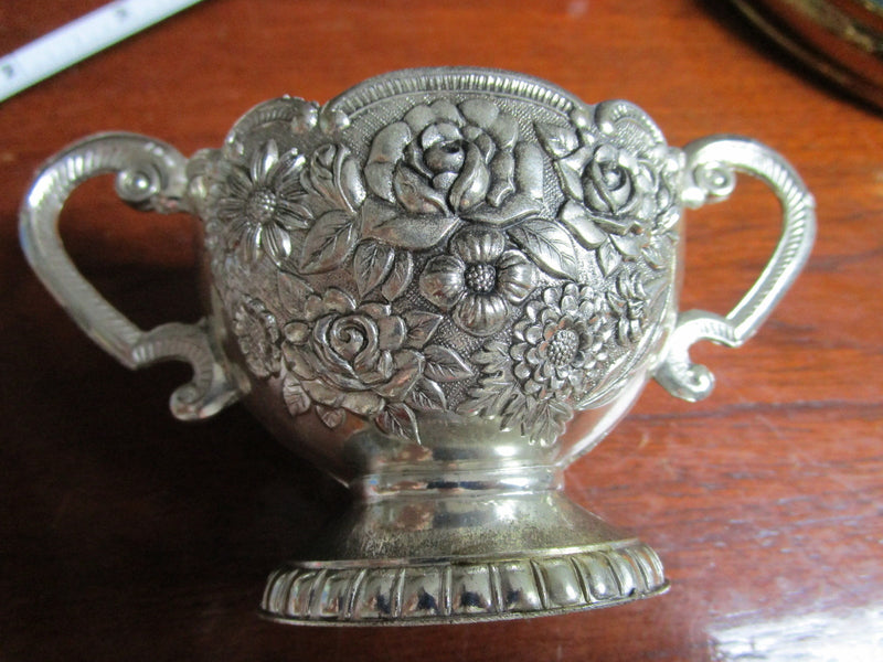Magnificent creamer/sugar/tray repousse silverplate ceramic painting inside[*]