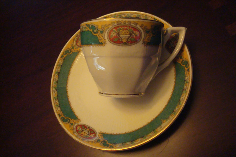 Grindley England Georgian Pattern Coffee Cup  Saucer, Green/Gold & Flowers[170B]