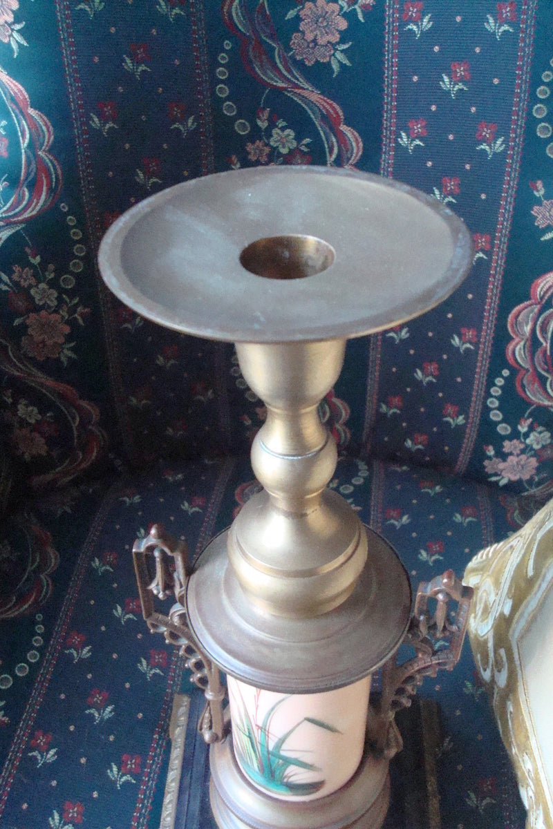 Mid Century candle holder brass and ceramic, handpainted birds original 13"