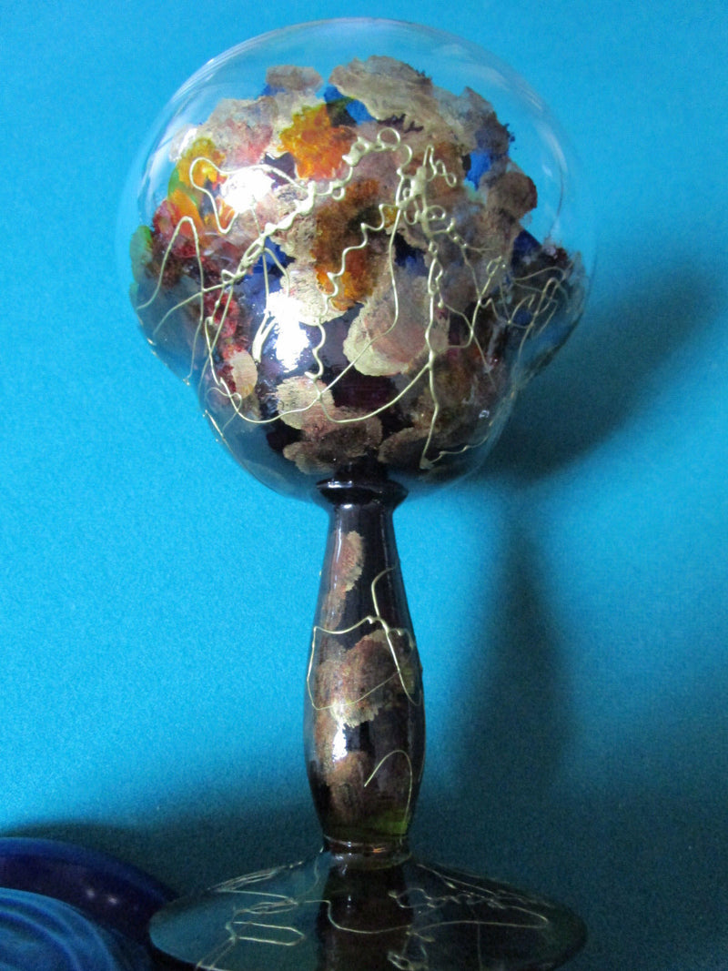 COVERED FOOTED  CRYSTAL CANDY DISH CARAMEL AND GOLD 12 X 5"  POLAND [GL8]