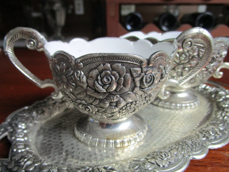Magnificent creamer/sugar/tray repousse silverplate ceramic painting inside[*]