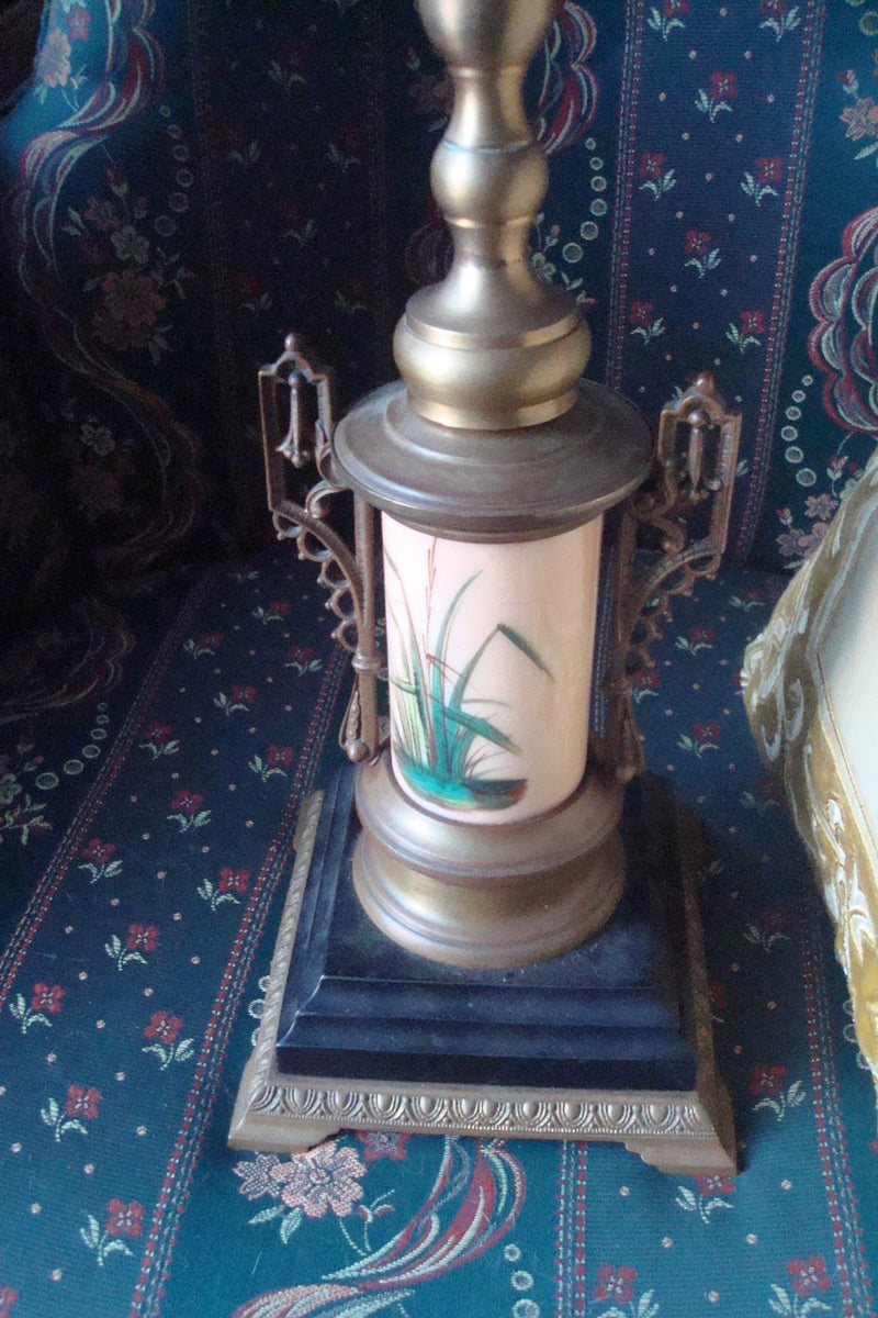 Mid Century candle holder brass and ceramic, handpainted birds original 13"