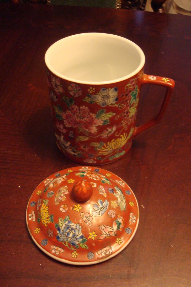 Chinese covered cup/handled/trinket/urn terracota color, marked [84C]