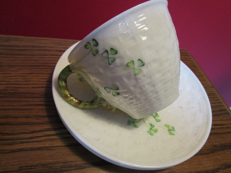 Belleek Shamrock Cup and 2 Saucers, green stamp