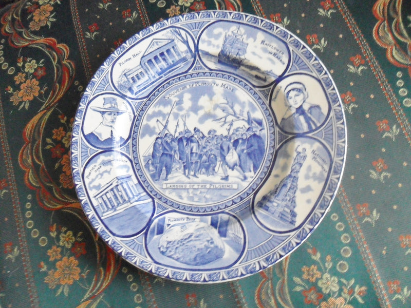 Old English Staffordshire blue ware souvenir plate, 10", Landing of Pilgrims[esq